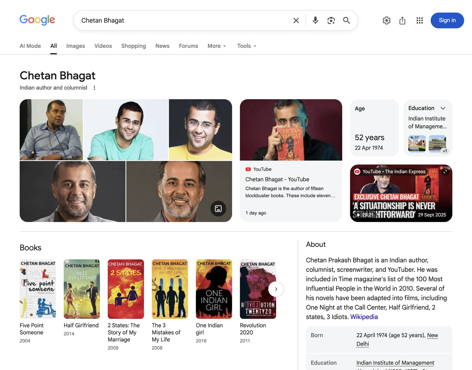 Google search results page for Chetan Bhagat &mdash; Indian author and columnist