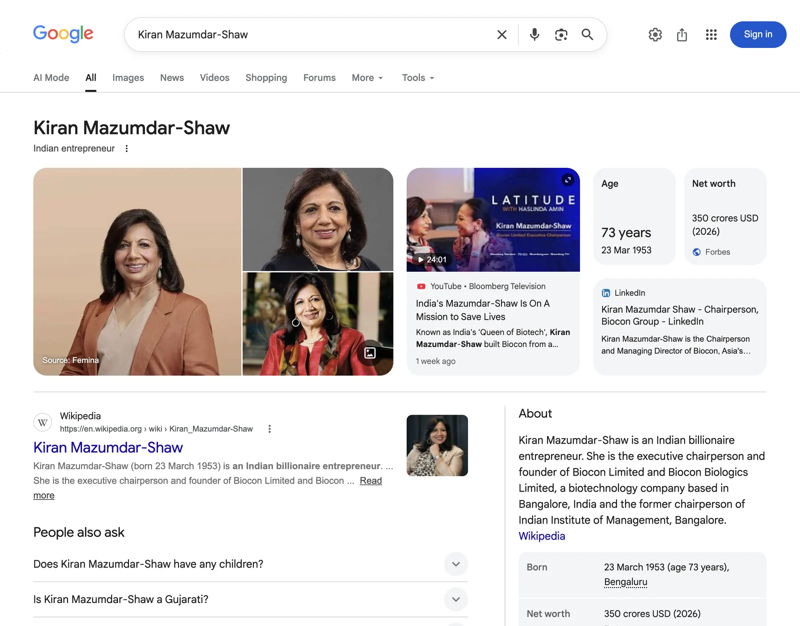 Google search results page for Kiran Mazumdar-Shaw &mdash; Indian entrepreneur