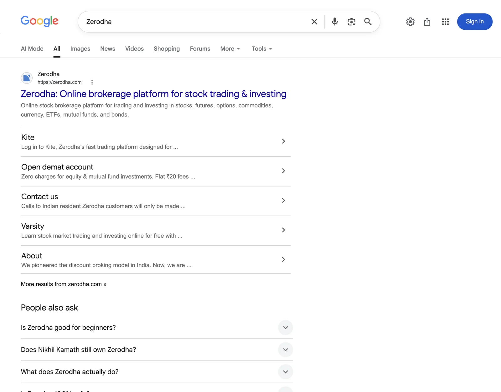 Google search results page for Zerodha &mdash; no panel — sitelinks only