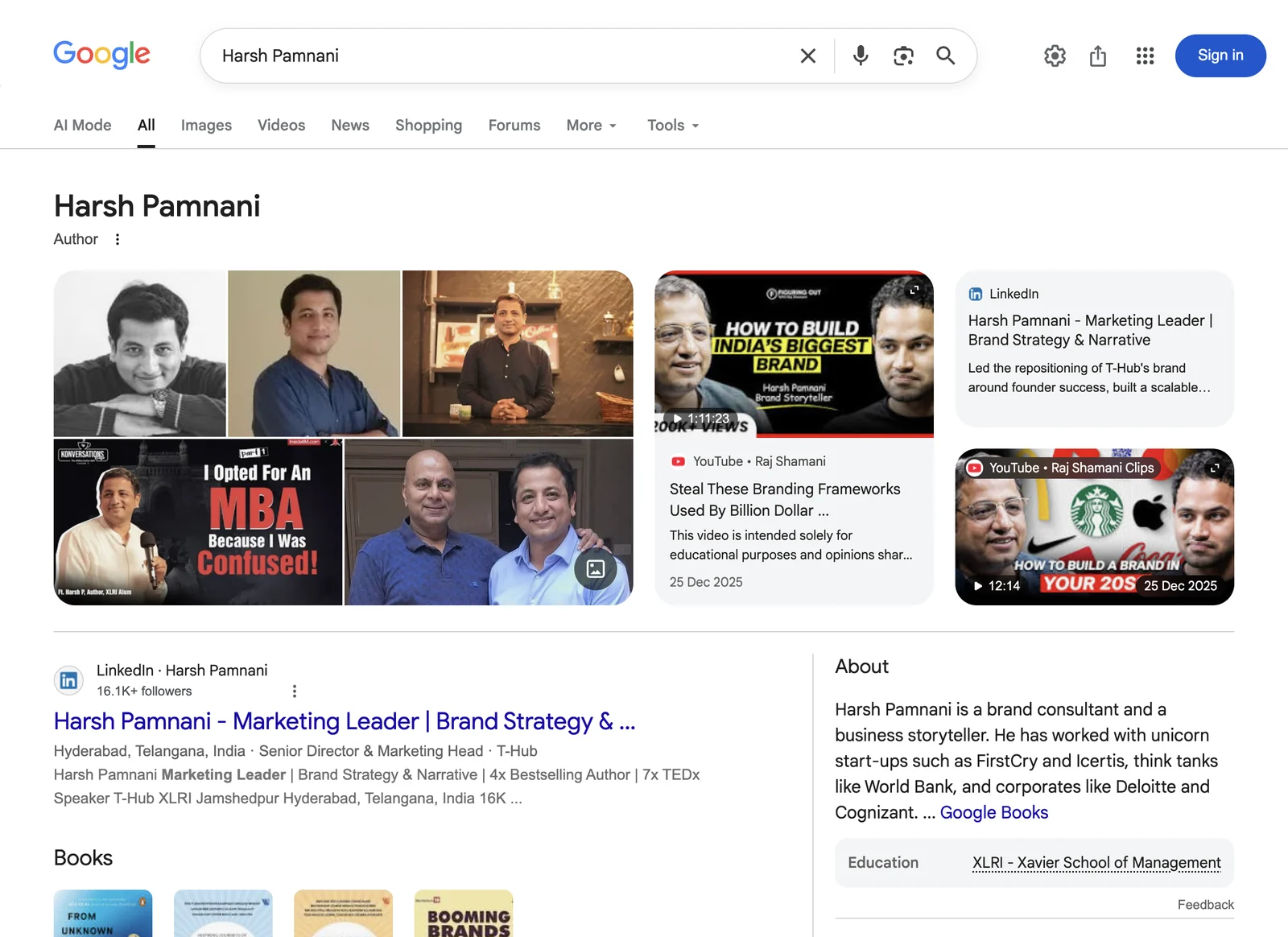 Google search result page for Harsh Pamnani, showing the knowledge panel Google displays for that name