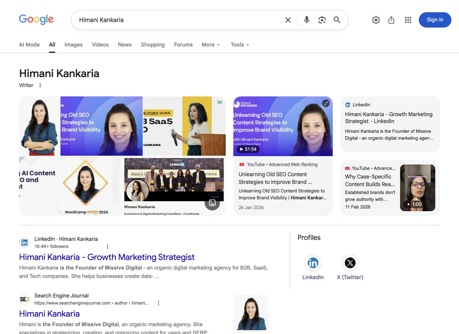 Google search result page for Himani Kankaria, showing the knowledge panel Google displays for that name