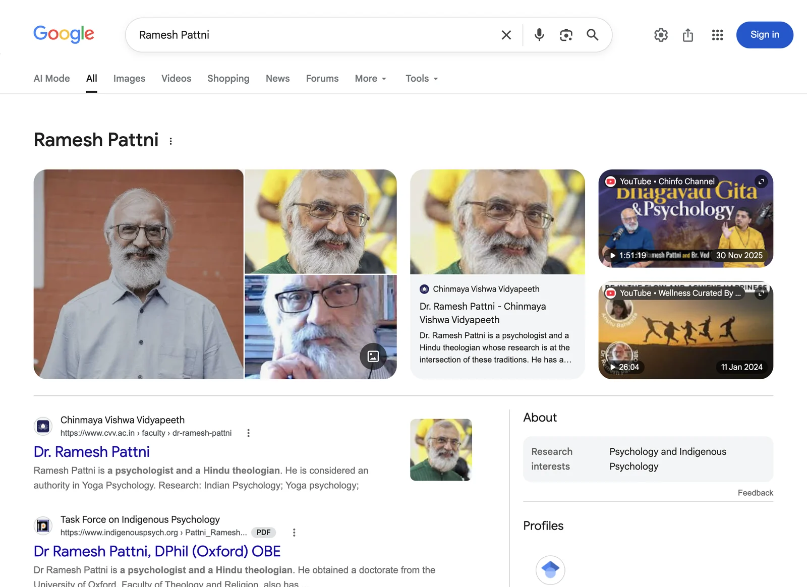 Google search result page for Ramesh Pattni, showing the knowledge panel Google displays for that name