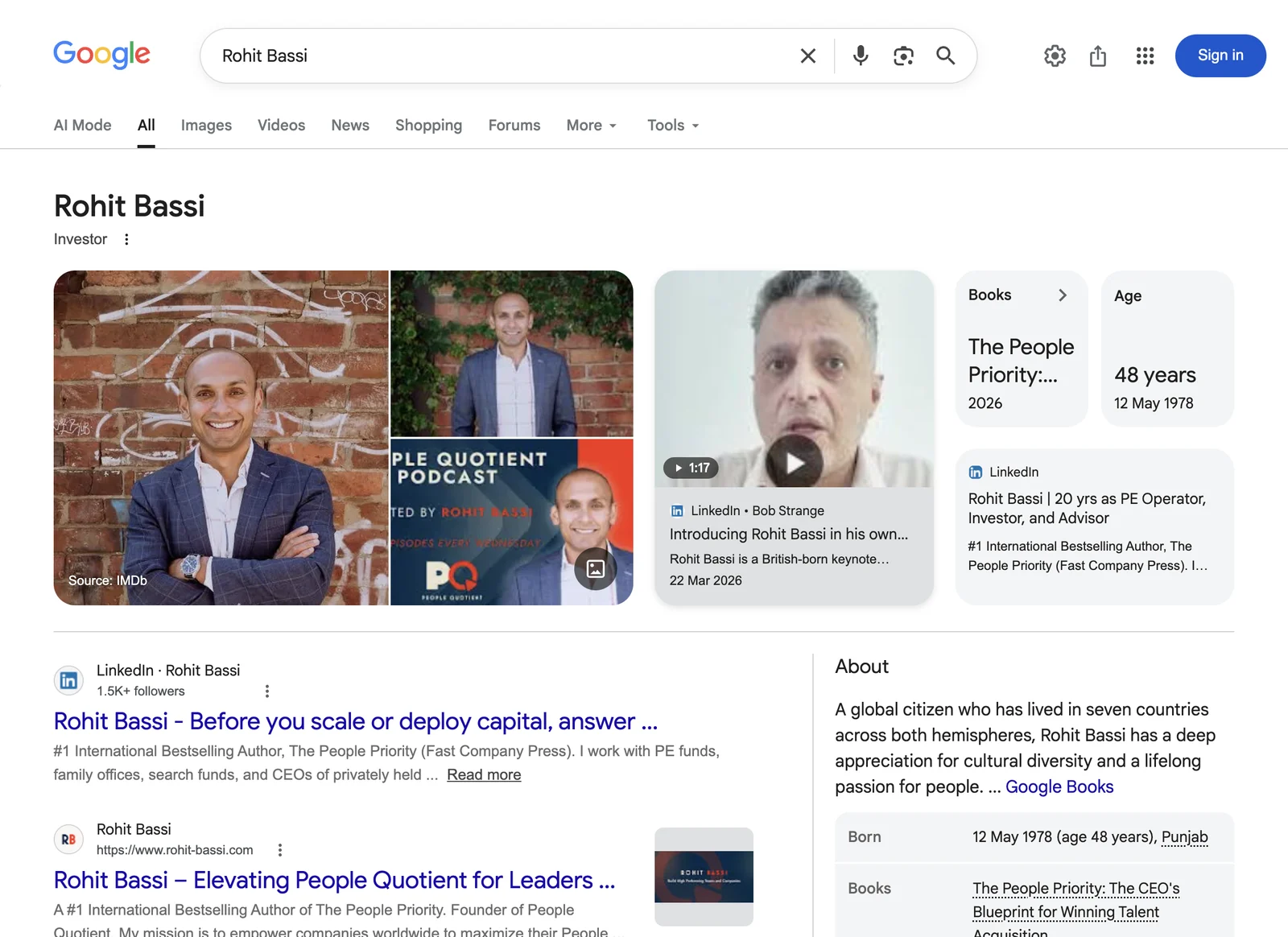 Google search result page for Rohit Bassi, showing the knowledge panel Google displays for that name