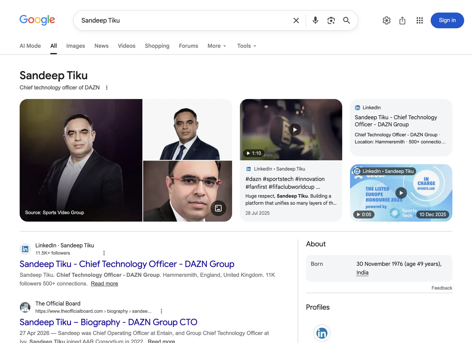 Google search result page for Sandeep Tiku showing a knowledge panel with photo strip, description and profile links